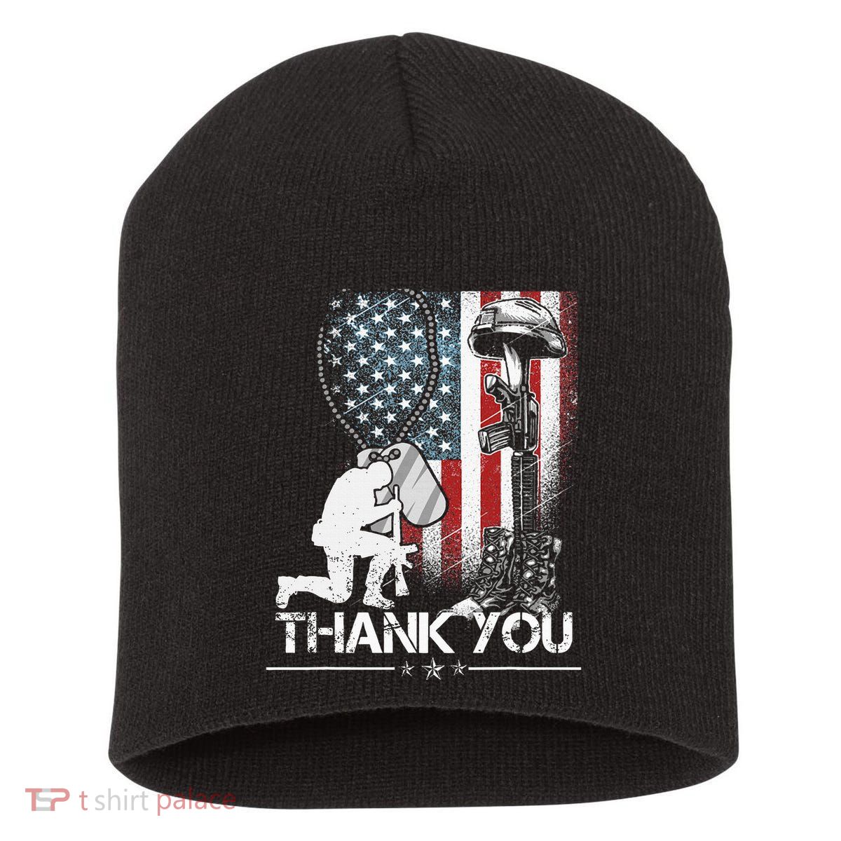 Distressed Memorial Day Flag Military Boots Dog Tags Short Acrylic Beanie