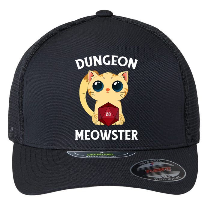 Dungeon Meowster Funny Nerdy Cat D20 RPG Fantasy Game Master Flexfit Unipanel Trucker Cap