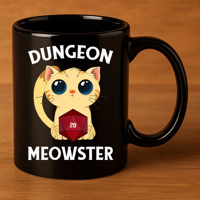 Dungeon Meowster Funny Nerdy Cat D20 RPG Fantasy Game Master 11oz C Handle Ceramic Mug