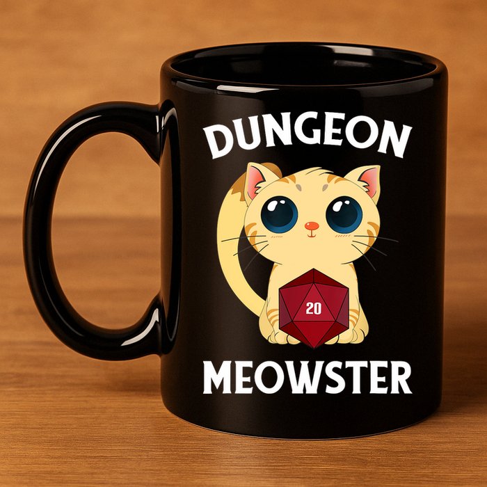 Dungeon Meowster Funny Nerdy Cat D20 RPG Fantasy Game Master 11oz C Handle Ceramic Mug
