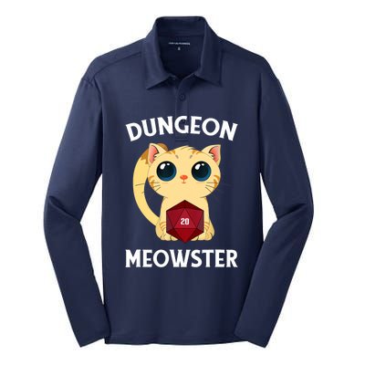 Dungeon Meowster Funny Nerdy Cat D20 RPG Fantasy Game Master Silk Touch Performance Long Sleeve Polo