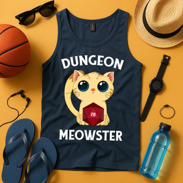 Dungeon Meowster Funny Nerdy Cat D20 RPG Fantasy Game Master Tank Top