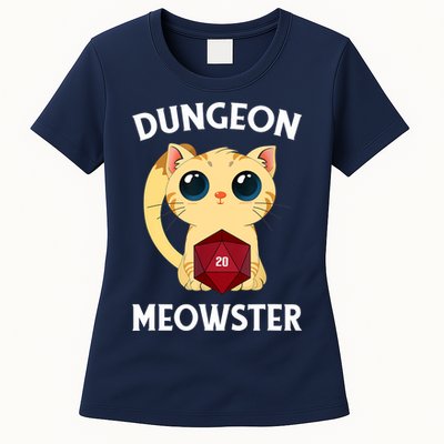 Dungeon Meowster Funny Nerdy Cat D20 RPG Fantasy Game Master Womens T-Shirt