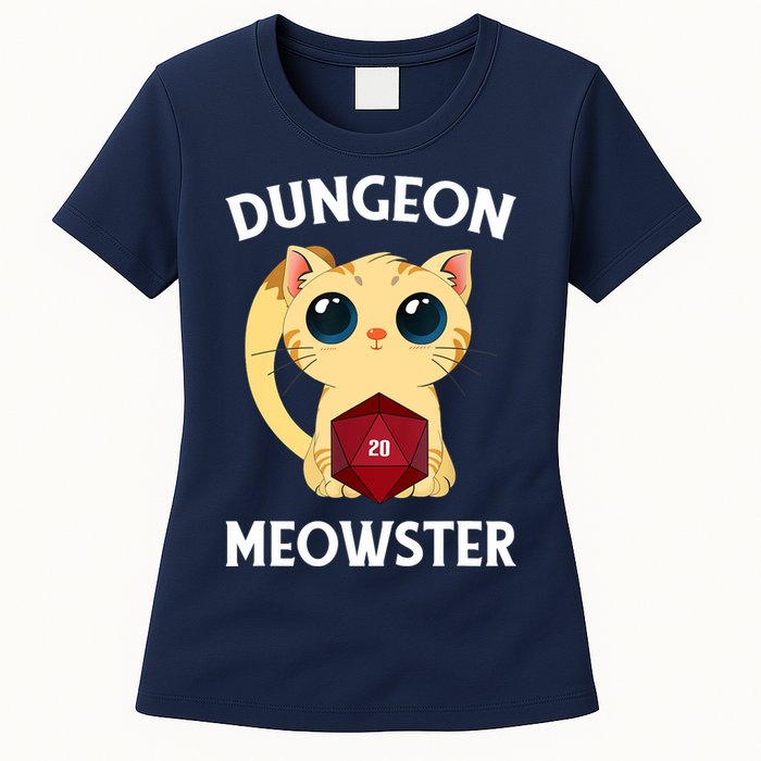 Dungeon Meowster Funny Nerdy Cat D20 RPG Fantasy Game Master Womens T-Shirt