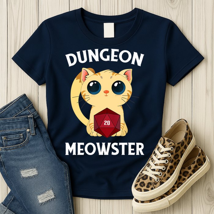 Dungeon Meowster Funny Nerdy Cat D20 RPG Fantasy Game Master Womens T-Shirt