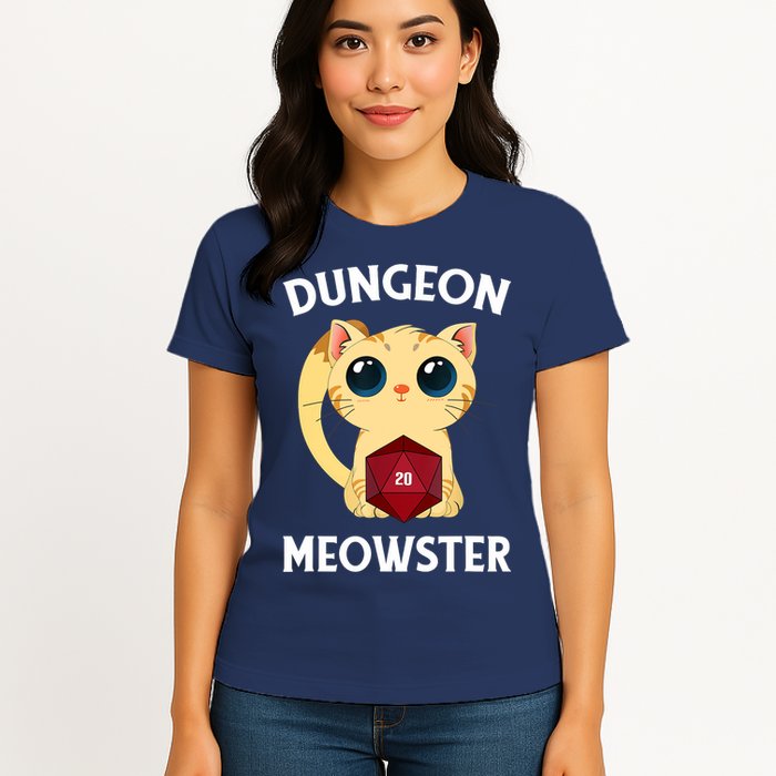 Dungeon Meowster Funny Nerdy Cat D20 RPG Fantasy Game Master Womens T-Shirt