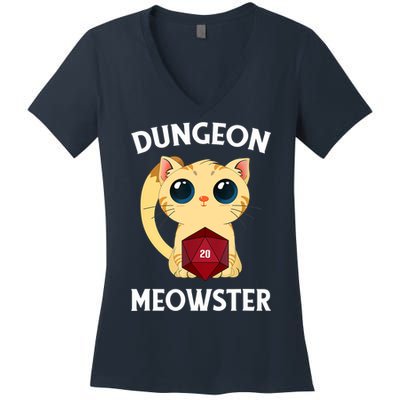 Dungeon Meowster Funny Nerdy Cat D20 RPG Fantasy Game Master Women's V-Neck T-Shirt