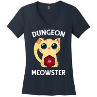 Dungeon Meowster Funny Nerdy Cat D20 RPG Fantasy Game Master Women's V-Neck T-Shirt