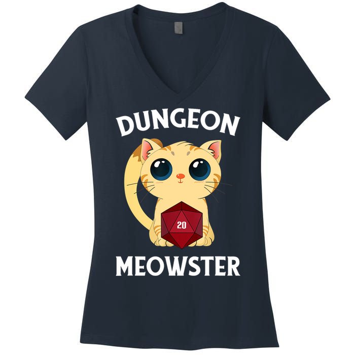Dungeon Meowster Funny Nerdy Cat D20 RPG Fantasy Game Master Women's V-Neck T-Shirt