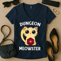 Dungeon Meowster Funny Nerdy Cat D20 RPG Fantasy Game Master Women's V-Neck T-Shirt