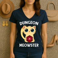 Dungeon Meowster Funny Nerdy Cat D20 RPG Fantasy Game Master Women's V-Neck T-Shirt