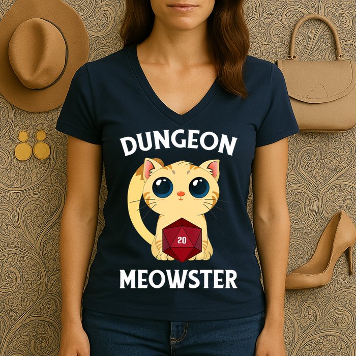 Dungeon Meowster Funny Nerdy Cat D20 RPG Fantasy Game Master Women's V-Neck T-Shirt