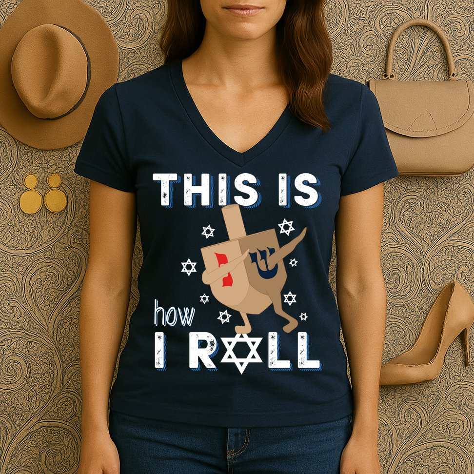 Dreidel Menorah Funny Hanukkah Gift This Is How I Roll Women's V-Neck T-Shirt