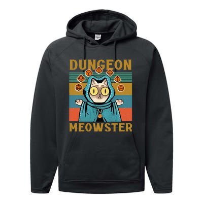 Dungeon Meowster Funny Nerdy Gamer Cat Vintage Game Performance Fleece Hoodie