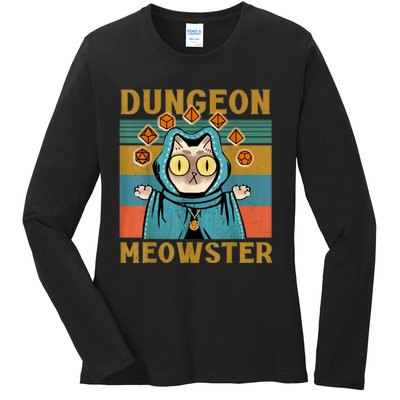 Dungeon Meowster Funny Nerdy Gamer Cat Vintage Game Ladies Long Sleeve Shirt