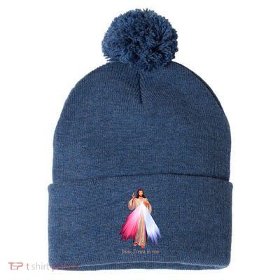 Divine Mercy Jesus I Trust In You Pom Pom 12in Knit Beanie