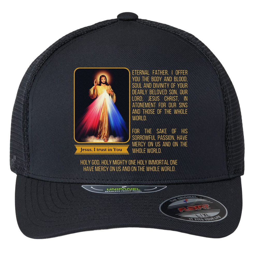 Divine Mercy Jesus Image Chaplet Novena Prayer Catholic Flexfit Unipanel Trucker Cap