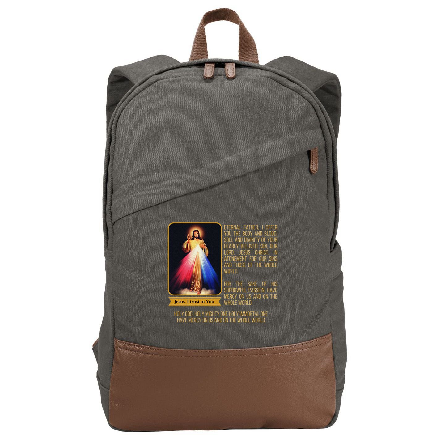 Divine Mercy Jesus Image Chaplet Novena Prayer Catholic Cotton Canvas Backpack
