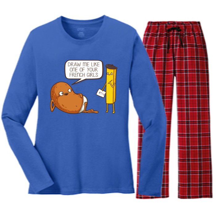 Draw Me Like One Of Your French Girls Fries Potato Funny Women's Long Sleeve Flannel Pajama Set 