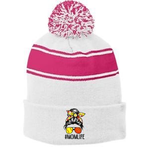 Dy Mom Life Softball Basketball Mommy Mothers Day Messy Bun Stripe Pom Pom Beanie