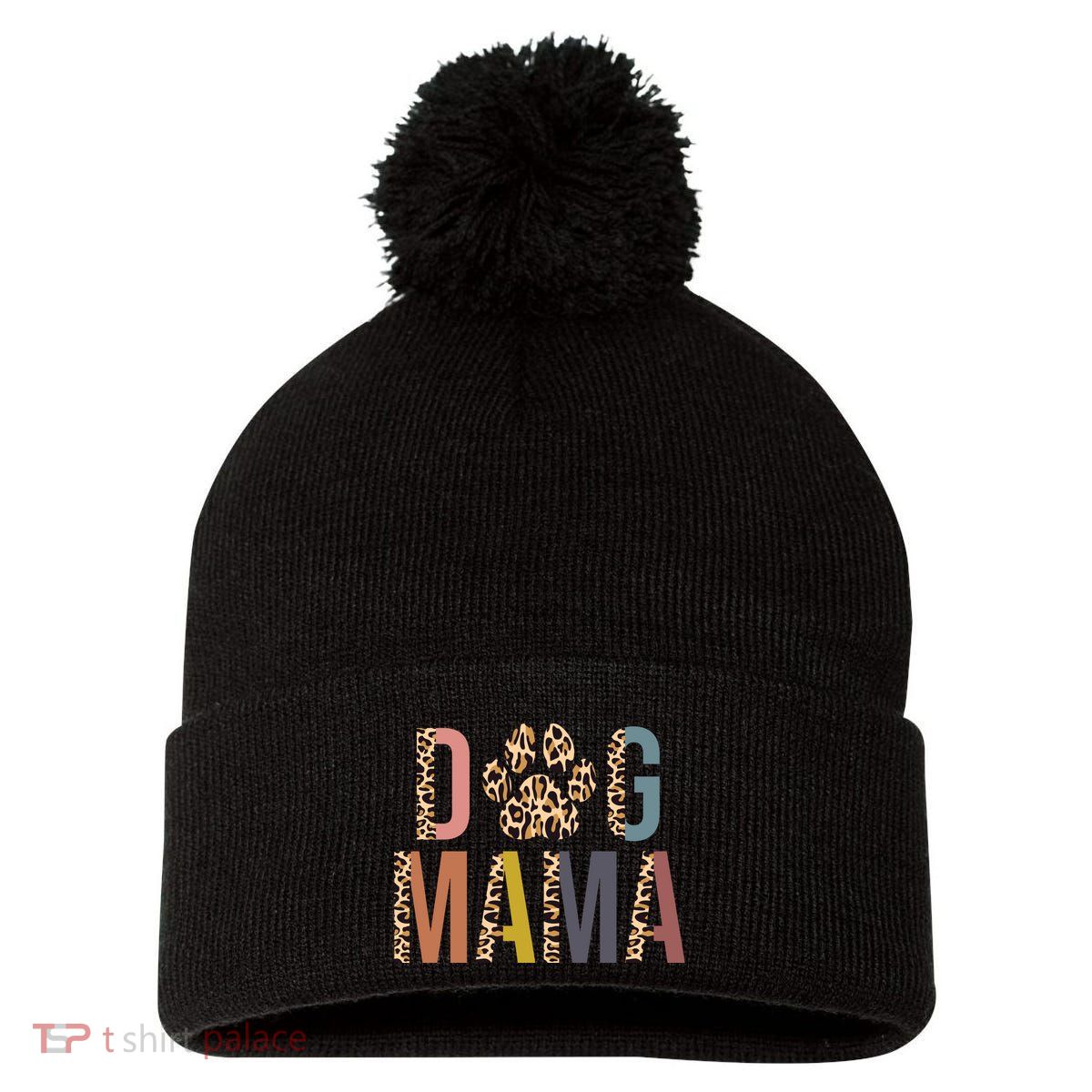 Dog Mama Leopard Paw Print Pom Pom 12in Knit Beanie