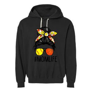 Dy Mom Life Softball Basketball Mommy Mothers Day Messy Bun Garment-Dyed Fleece Hoodie