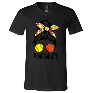 Dy Mom Life Softball Basketball Mommy Mothers Day Messy Bun V-Neck T-Shirt