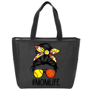 Dy Mom Life Softball Basketball Mommy Mothers Day Messy Bun Zip Tote Bag