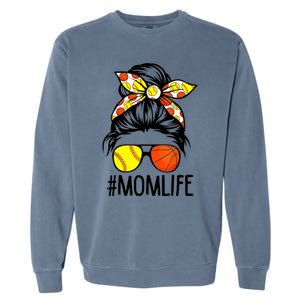 Dy Mom Life Softball Basketball Mommy Mothers Day Messy Bun Garment-Dyed Sweatshirt