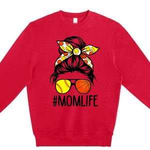 Dy Mom Life Softball Basketball Mommy Mothers Day Messy Bun Premium Crewneck Sweatshirt