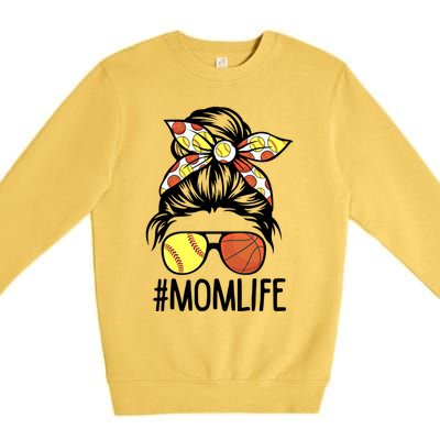 Dy Mom Life Softball Basketball Mommy Mothers Day Messy Bun Gift Premium Crewneck Sweatshirt