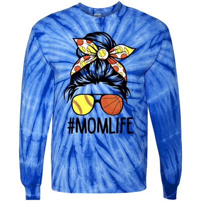 Dy Mom Life Softball Basketball Mommy Mothers Day Messy Bun Gift Tie-Dye Long Sleeve Shirt