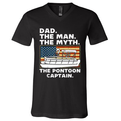 Dad Man Myth Pontoon Captain American Flag Boat Fathers Day V-Neck T-Shirt