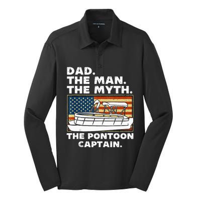 Dad Man Myth Pontoon Captain American Flag Boat Fathers Day Silk Touch Performance Long Sleeve Polo