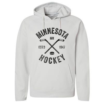 Distressed Minnesota Mn Ice Hockey Sticks Vintage Performance Fleece Hoodie