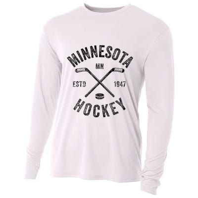 Distressed Minnesota Mn Ice Hockey Sticks Vintage Cooling Performance Long Sleeve Crew