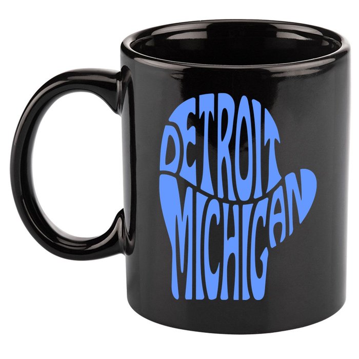Detroit Michigan Mitten Shaped Word Art 11oz C Handle Ceramic Mug
