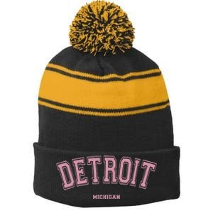 Detroit Michigan Mi Varsity Style On Detroit Stripe Pom Pom Beanie