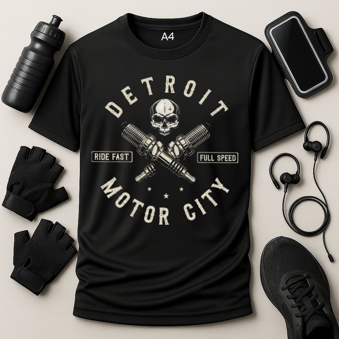 Detroit Michigan Motor City Spark Plug Wings Ride Fast Speed Cooling Performance Crew T-Shirt