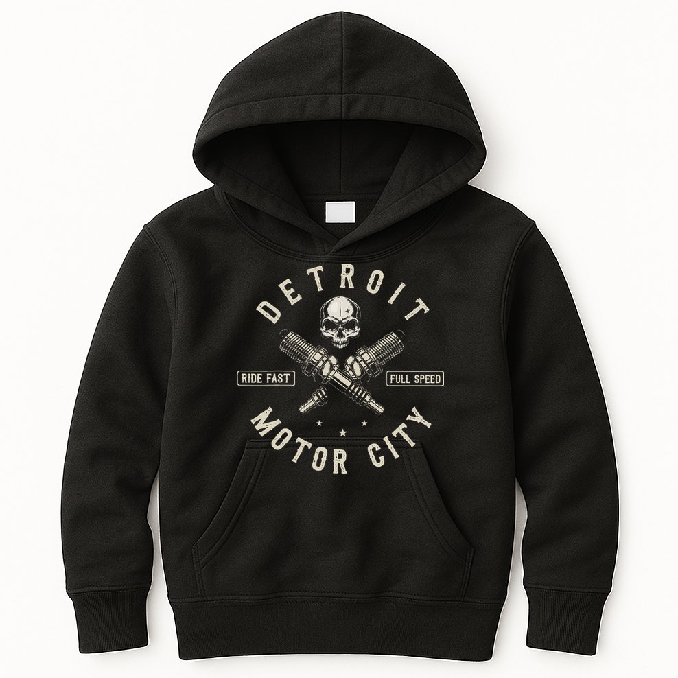 Detroit Michigan Motor City Spark Plug Wings Ride Fast Speed Kids Hoodie