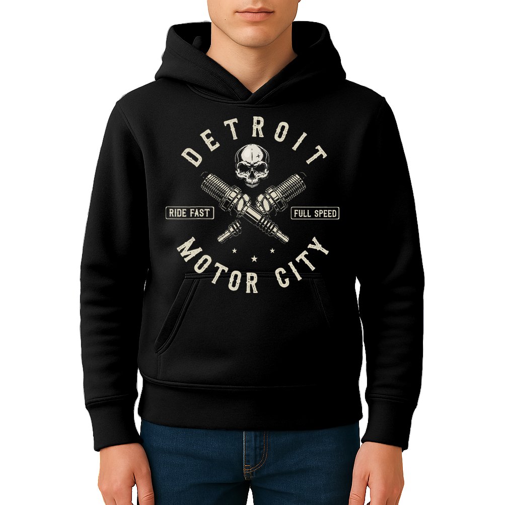 Detroit Michigan Motor City Spark Plug Wings Ride Fast Speed Kids Hoodie