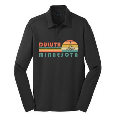 Duluth Minnesota MN Vintage Lighthouse Two Harbors Gift Silk Touch Performance Long Sleeve Polo