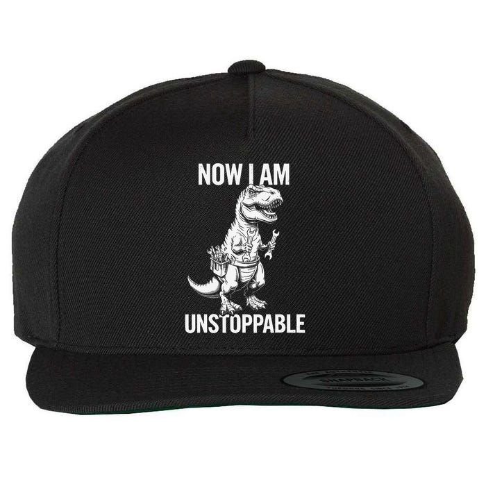 Dinosaur Mechanic Now Am Unstoppable Funny Dino Mechanic Wool Snapback Cap