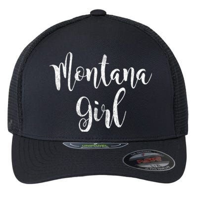 Distressed MT Outfit Cute Montana Girl Flexfit Unipanel Trucker Cap