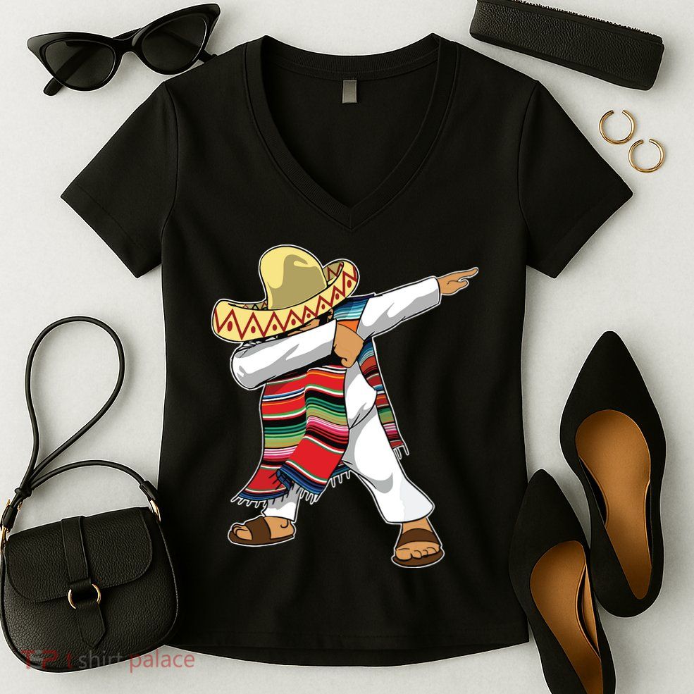 Dabbing Mexican Poncho Cinco De Mayo Sombrero Dab Women's V-Neck T-Shirt