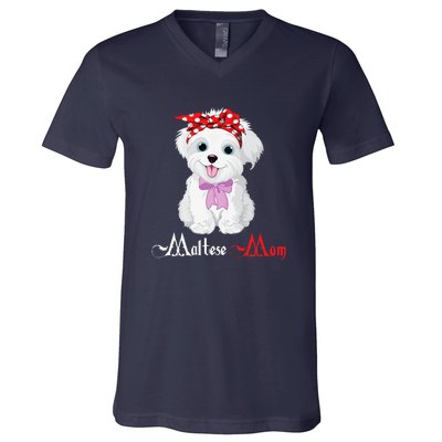 Dog Mama Puppy Mom Maltese V-Neck T-Shirt