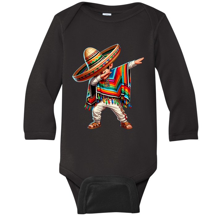 Dabbing Mexican Poncho Cinco De Mayo Mexican Boy Dabbing Poncho Baby Long Sleeve Bodysuit