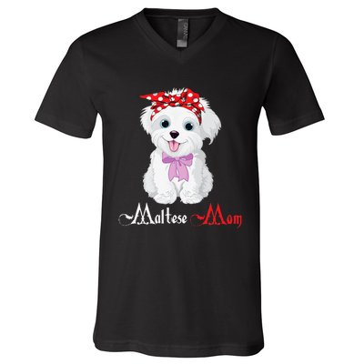 Dog Mama Puppy Mom Maltese V-Neck T-Shirt