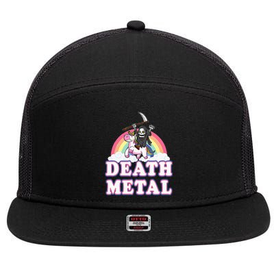 Death Metal Rock Music Rainbow Grim Reaper Riding Unicorn 7 Panel Mesh Trucker Snapback Hat