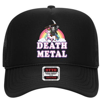 Death Metal Rock Music Rainbow Grim Reaper Riding Unicorn High Crown Mesh Back Trucker Hat